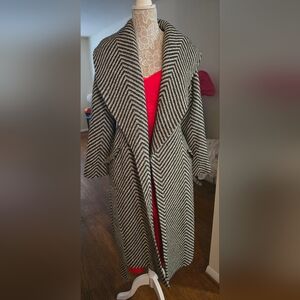 Chic Black and White Herringbone Coat